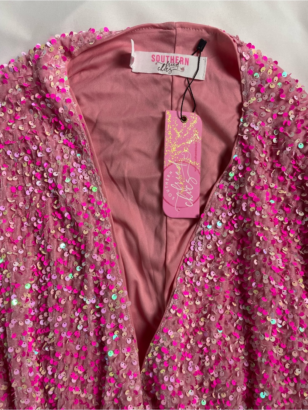 NWT Southern Fried Chics Pink Sequin Bodysuit – Surplice Wrap Front, Long Sleeve